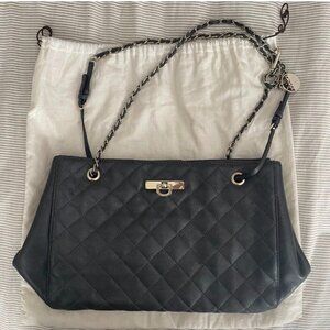 Vintage DKNY Black Quilted Leather Gold Accents Chain Shoulder Bag Tote Purse